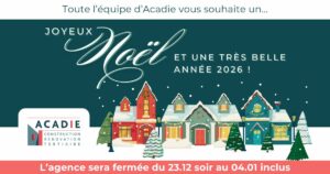 Balise OG actu de Noël ACADIE avec village illustré sous la neige.